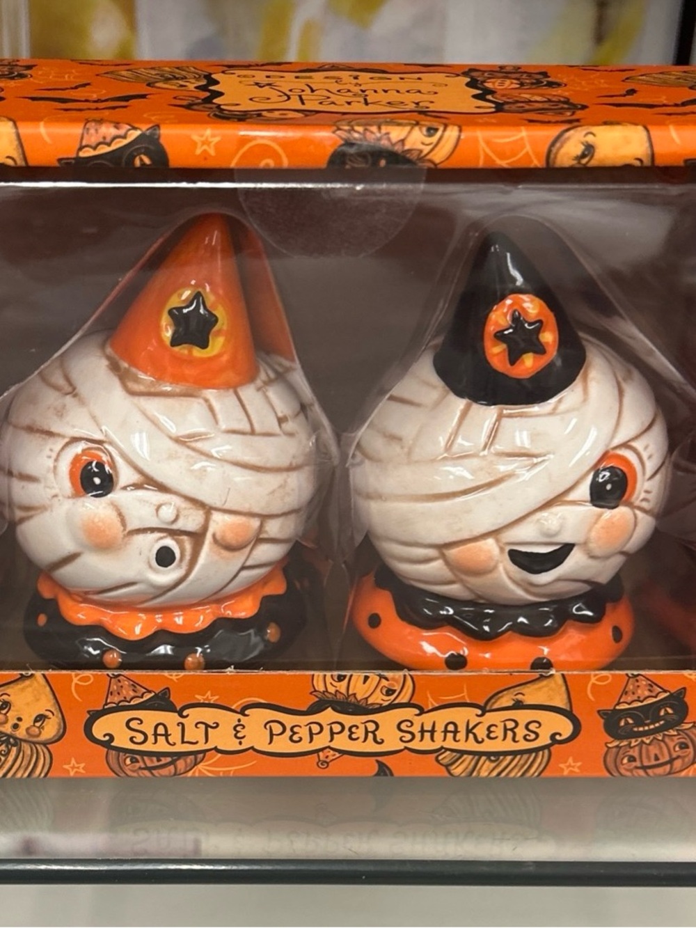 NWT Johanna Parker Halloween Mummy Salt & Pepper Shakers Orange & Black